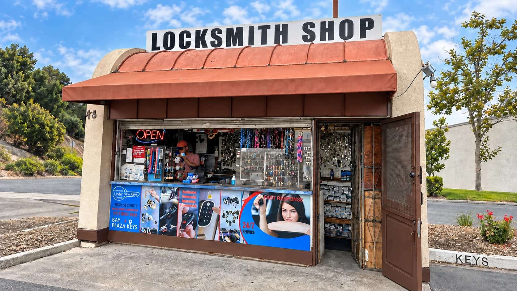 Bay Plaza Keys kiosk with its LOCKSMITH SHOP sign and terracotta awning
