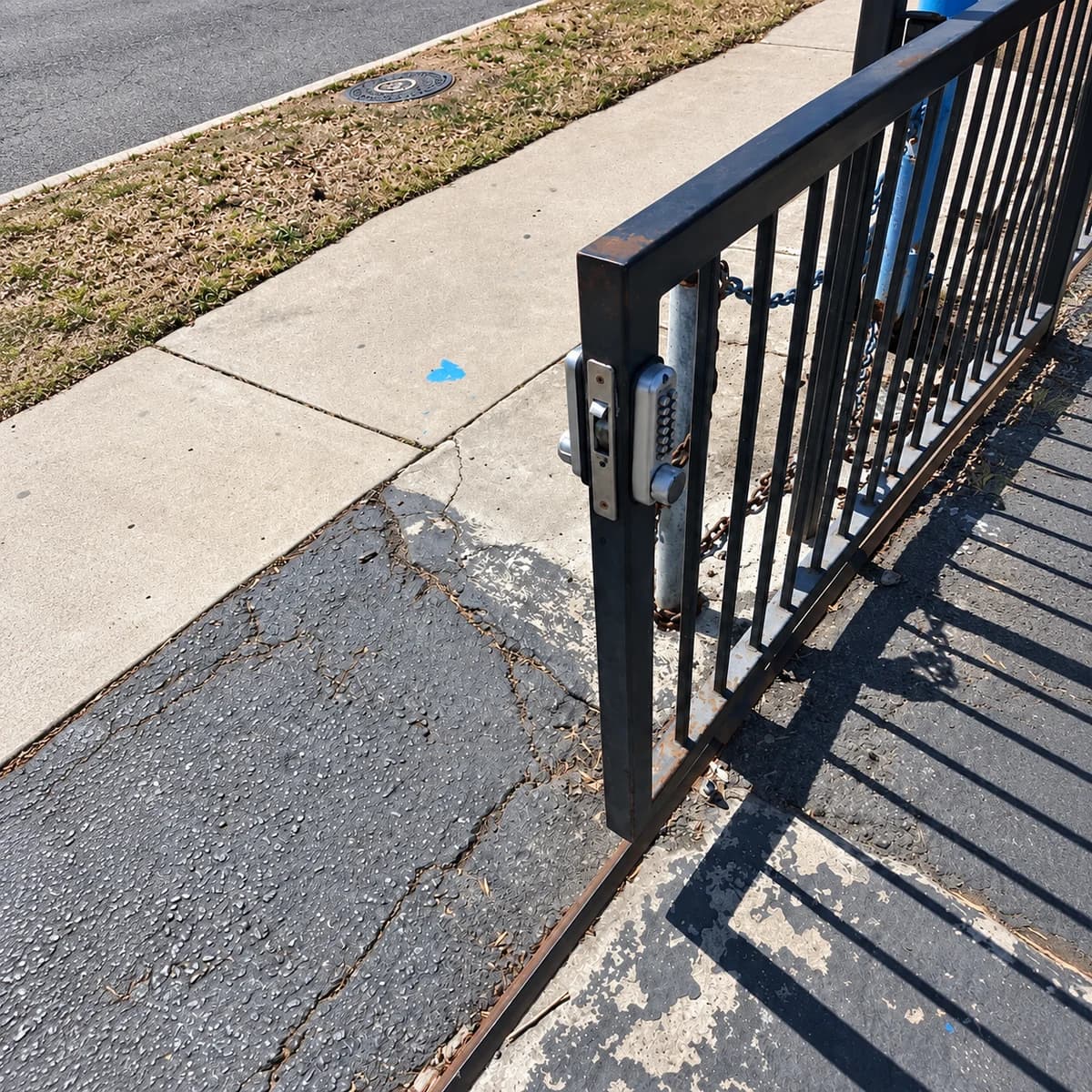 Black partly open pedestrian gate and silver keypad beside sidewalk, dry grass verge and asphalt driveway