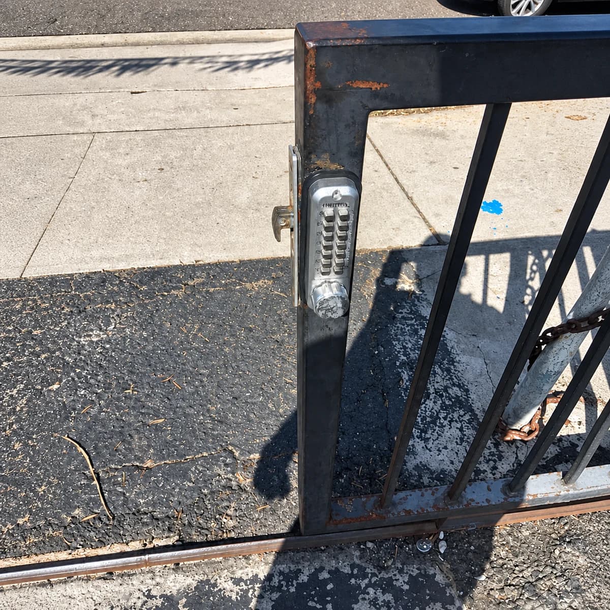 Weathered black gate with silver mechanical keypad, pavement and existing ground shadow